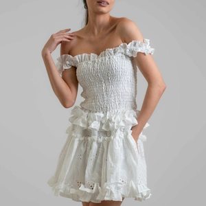 Women Off Shoulder Eyelet Embroidery Mini Dress Smocked Tiered Ruffle Flounce White French Pastoral Summer Boho Sundress
