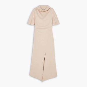 French style beige summer knit dress with cowl neck and elegant high slit design