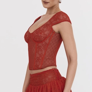 Elegant red lace corset top with floral embroidery and structured boning for women