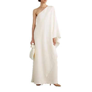 Elegant white one-shoulder satin maxi dress with a dramatic draped cape sleeve design