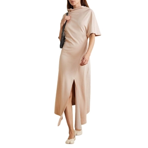 French casual beige midi dress with cinched waist and irregular layered hemline