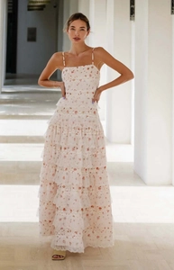 Detail of floral print maxi dress featuring layered lace trim and delicate embroidery