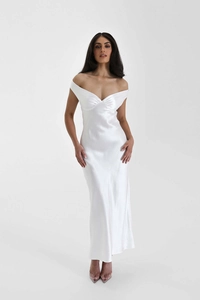Close-up detail of white satin dress with off-shoulder V-neckline and elegant pleating