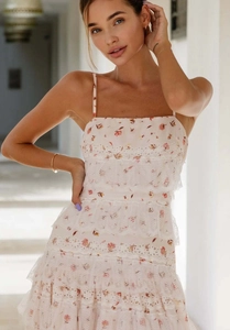 Detail of tiered floral maxi dress showing delicate lace trim and bohemian ruffle layers