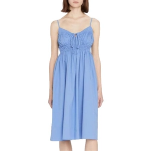Light blue backless camisole midi dress with ruffled lace-up detail and high waist