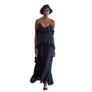 Elegant black V-neck maxi dress with spaghetti straps and layered ruffle details