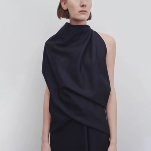 Minimalist Nordic style navy blue asymmetrical sleeveless midi dress with draped folds