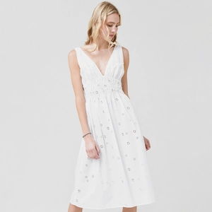 Women White Sleeveless Deep V-Neck Midi Dress Elegant Floral Embroidery Smocked Waist Summer Vacation A-Line Beach Dress