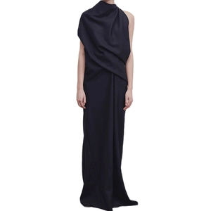 Sleeveless black maxi dress with asymmetric high neck and minimalist draped design
