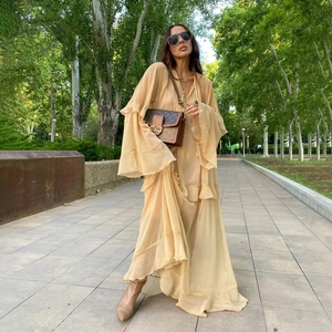 Women Elegant V-Neck Chiffon Maxi Dress Flared Ruffle Sleeve Bohemian Beach Vacation Solid Color Loose Long Dress Yellow