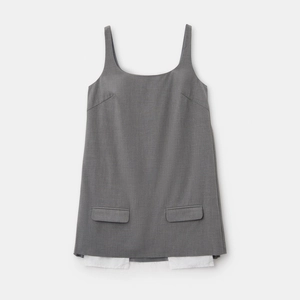 Slim fit gray square neck strap dress with decorative flap pockets and white lining hem