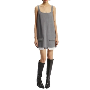 Minimalist grey square neck sleeveless dress with white hem detail and A-line silhouette