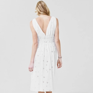White eyelet embroidery midi dress with deep V-neck and smocked waist for women