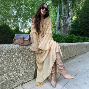Women's deep V-neck ruffle dress with bell sleeves and sheer chiffon layered maxi skirt