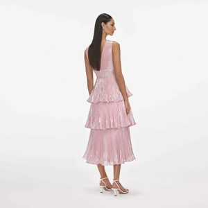 Elegant metallic pink deep V-neck pleated layered gown with a rhinestone belt accessory