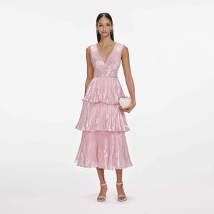 Elegant deep V-neck metallic pink pleated layered evening gown with a crystal waist belt