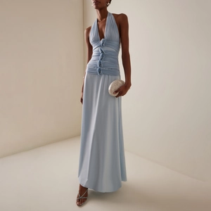 Robe Longue Maxi Femme Sexy Dos Nu Aspect Satin Plissé Fleur 3D Fente Élégante Soirée Fête Vacances Robe Longue