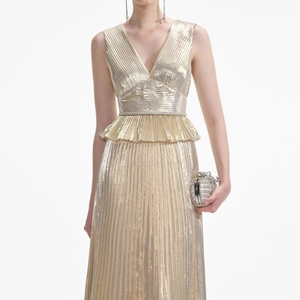 Elegant metallic gold pleated maxi dress with deep V-neck and ruffled waist detail