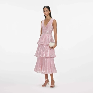 Deep V-neck metallic pink tiered gown with shimmering pleats and crystal belt detail