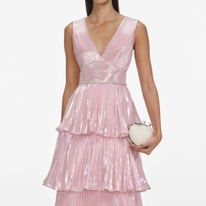 Pink metallic pleated deep V-neck evening gown with rhinestone waist and tiered skirt