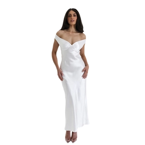 Elegant white satin off-shoulder evening dress with a slim fit and long floor-length silhouette