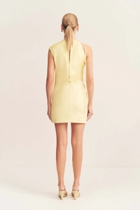 Détail du dos d'une robe jaune courte avec une rangée de boutons et fermeture éclair