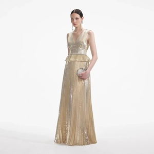 Elegant metallic gold V-neck pleated evening dress for women's gala and parties