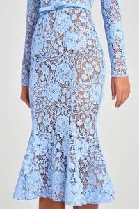 Detail of light blue lace evening dress with floral crochet pattern and bow waist belt