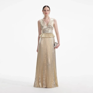 Elegant deep V-neck pleated evening gown in metallic gold with a floor-length silhouette