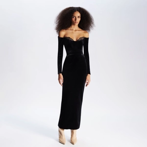 Elegant off-shoulder black velvet evening gown with long sleeves and delicate lace trim