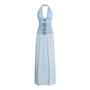 Robe de soirée longue bleu clair avec col licou, fleurs 3D et décolleté en V profond chic