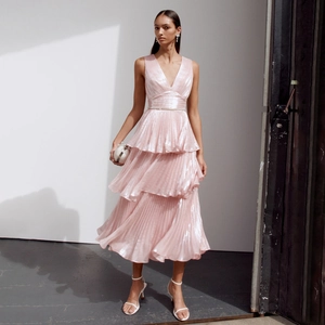 Elegant Deep V-Neck Pleated Tiered Maxi Dress Metallic Shimmer Sleeveless Party Evening Gown With Rhinestone Belt Pink