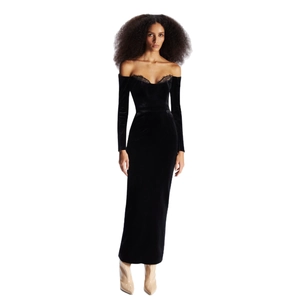 Elegant black velvet off-the-shoulder long dress with delicate lace trim and long sleeves