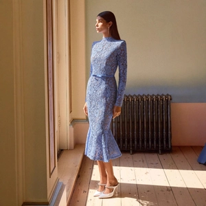Elegant Light Blue Lace Long Sleeve Evening Dress Stand Collar Mermaid Midi Party Dress With Belt For Women Wedding Guest