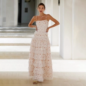 Women Floral Tiered Maxi Dress Vacation Embroidery Hollow Out Lace Spaghetti Strap Bohemian Long Cake Dress
