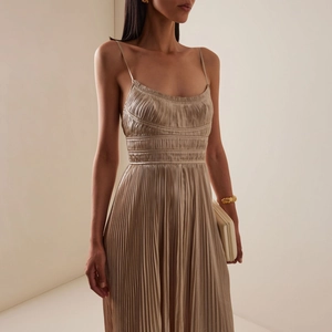 Elegant Champagne Gold Pleated Maxi Dress Backless Satin Spaghetti Strap Evening Party Gown For Women Wedding Banquet Cocktail