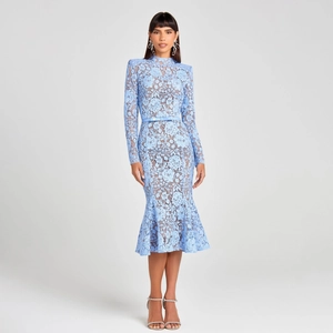 Elegant light blue lace long sleeve evening dress with stand collar and mermaid hem