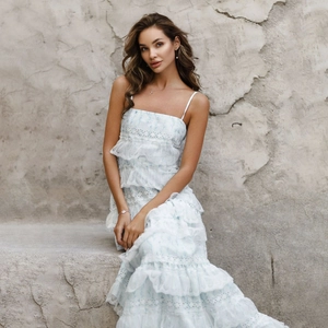 Floral embroidery layered maxi cake dress with thin straps and hollow out details
