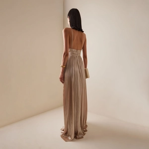 Elegant backless pleated champagne maxi dress with metallic silk finish and high waist