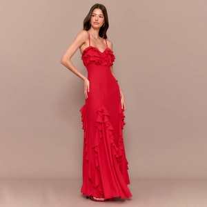 Robe Longue Élégante Française Col en V Volants Sans Manches Ourlet Irrégulier Mousseline Robe de Soirée Banquet Fête Femme