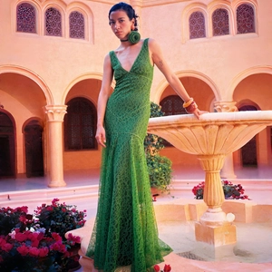 Robe Maxi Sexy en Dentelle pour Femmes Col en V Floral Dos Nu Sirène Banquet Vacances Robe de Soirée avec Choker Fleur Vert