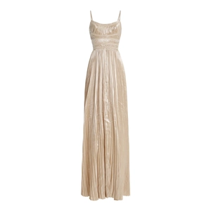 Elegant champagne gold pleated evening maxi dress with spaghetti straps and open back
