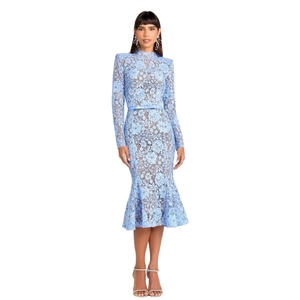 Elegant light blue lace evening dress with long sleeves and a slim fishtail mermaid hemline