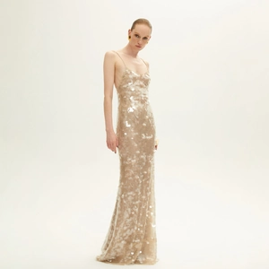 Elegant Women Champagne Gold Sequin Maxi Dress Backless V Neck Slim Fit Floor Length Evening Party Wedding Guest Gown