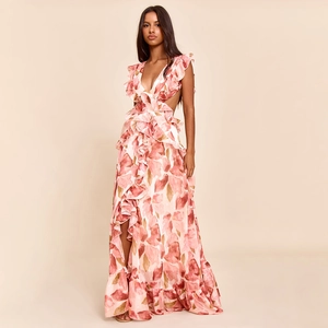 Maxikleid Mit Tiefem V-Ausschnitt Rüschen Blumenmuster Für Damen Sexy Ausschnitt Rückenfrei Chiffon Urlaub Party Abendkleid Ärmellos