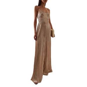 Elegant champagne gold pleated backless maxi dress with metallic sheen for formal galas