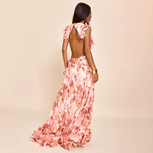 Rückenfreies Maxikleid mit Blumenmuster, V-Ausschnitt und Volants aus Chiffon