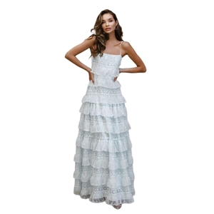 Women's light blue and white vacation dress with tiered embroidery and hollow-out lace