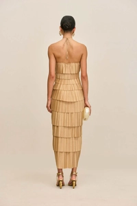 Detail view of khaki pleated tiered backless halter evening dress with layered design