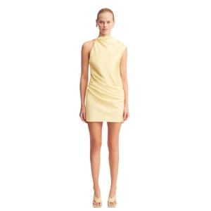 Robe courte de cocktail jaune à une épaule avec finition en satin plissé pour femme